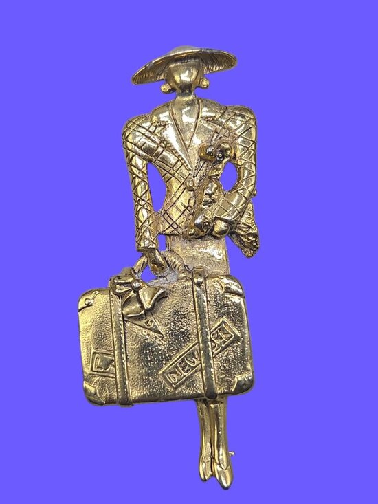 Jewelry - Vintage Jet-Set Traveler Figural Brooch Gold Tone Tall Lady w/Suitcase Art Deco